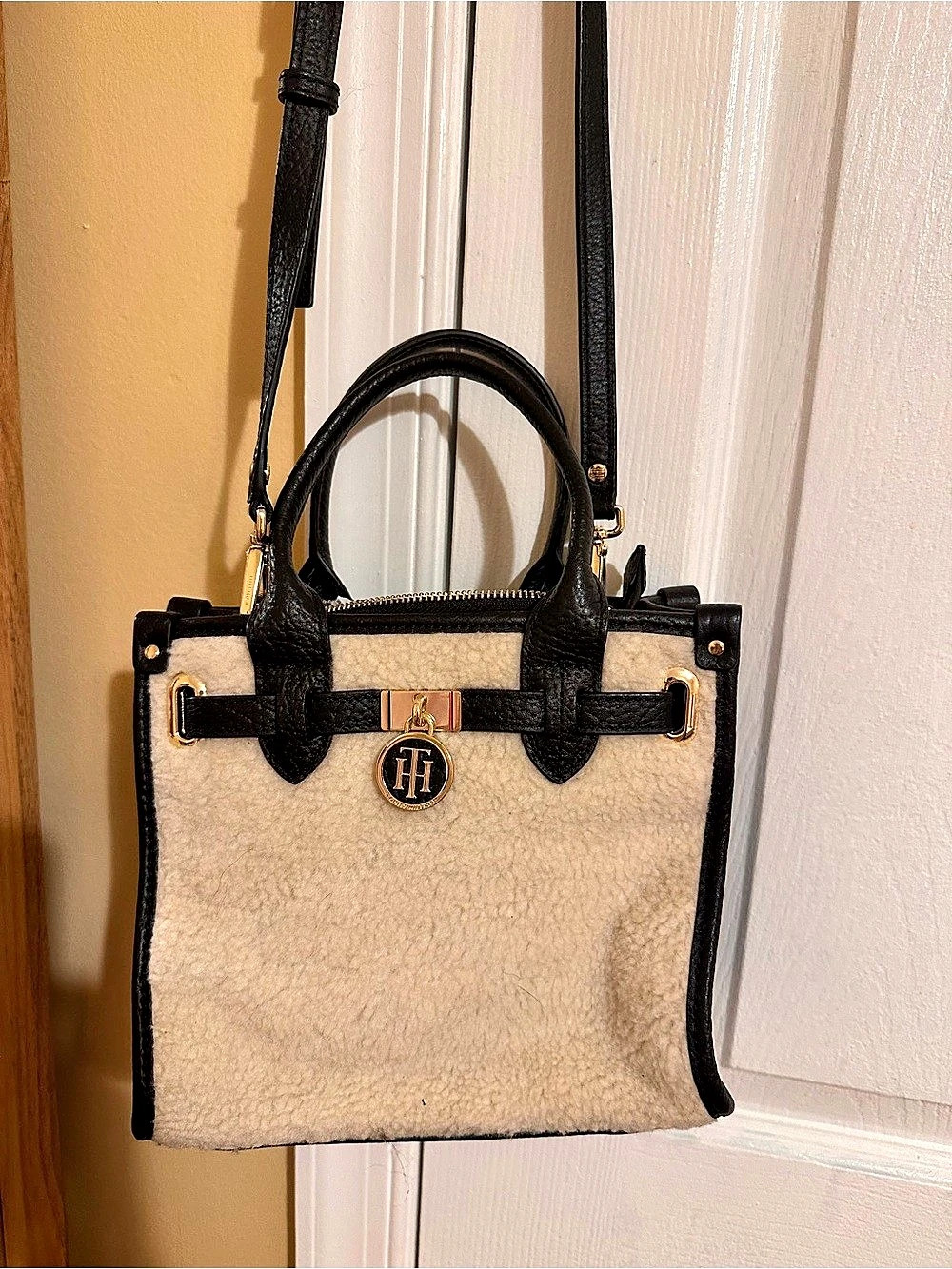 Tommy Hilfiger Shearling Micro Tote Bag in Black & Cream